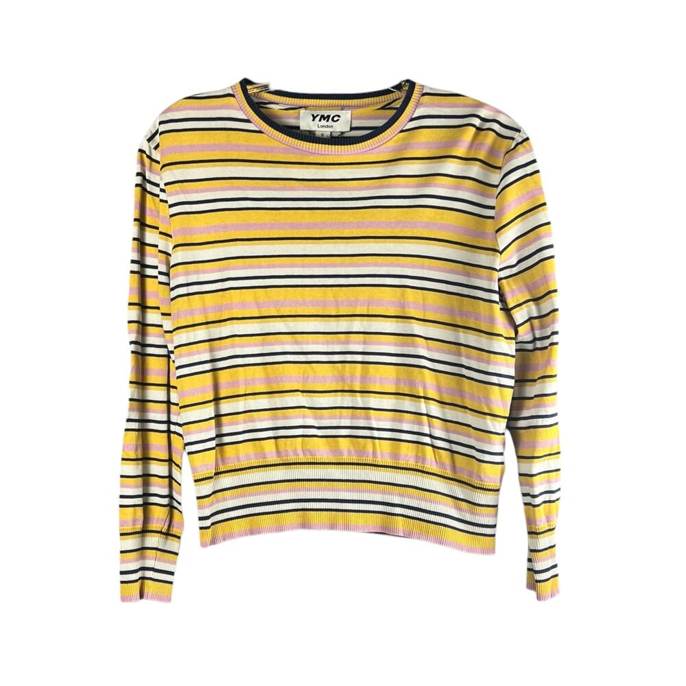 YMC London Striped Cotton Sweater Pink Yellow Blue Long Sleeve Size Small